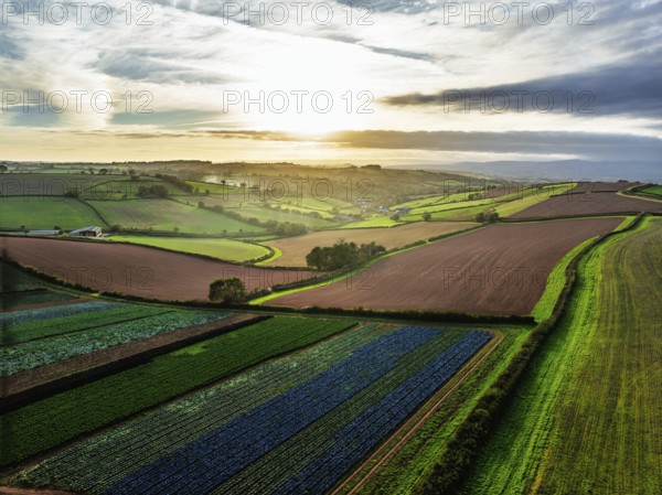 Colours of autumn Fields and Farms over Sheldon from a drone, Torbay, Devon, England, United Kingdom