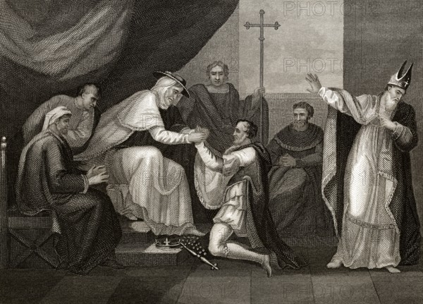 König Johann kniet vor dem päpstlichen Legaten Kardinal Pandulf Verraccio, Szene aus dem Historienspiel von William Shakespeare