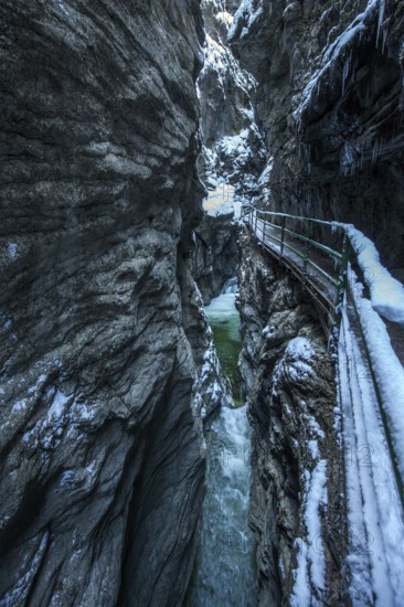 Winter, snowy landscape, river Breitach and hiking trail through the Breitachklamm gorge near Oberstdorf, Oberallgäu, Allgäu, Bavaria, Germany
