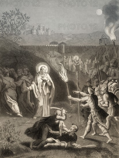 Simon Peter cuts off the ear of Malchus, arrest of Jesus Christ, Garden of Gethsemane, New Testament, steel engraving 1853, digitally restored