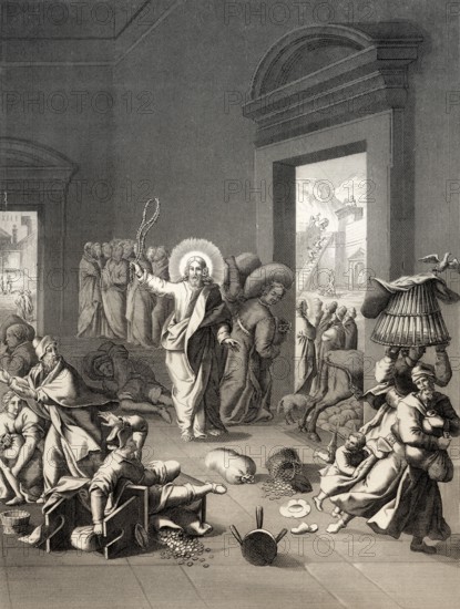 The cleansing of the Temple, New Testament, Steel engraving 1853, digitally restored