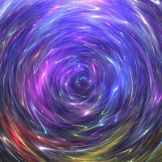 This image captures an abstract art depiction of a galaxy, featuring a swirling vortex of vibrant, multicolored light that radiates cosmic energy and dynamic movement
