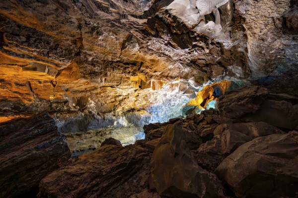 Underground cave formed by lava flow, illuminated lava cave, Cueva de los Verdes, Lanzarote, Canary Islands, Spain