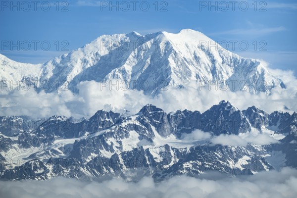 Clouds over high mountains, Mt Foraker, aerial view, Alaska Range, Denali National Park, Alaska, USA