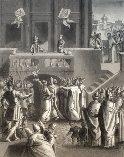 The Sanhedrin trial of Jesus, New Testament, steel engraving 1853, digitally restored