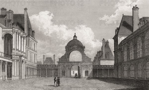Cour d'Honneur, Château de Fontainebleau, near Paris, antique steel engraved print, 1831