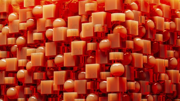 An engaging array of 3D geometric shapes in fiery orange tones combines spheres and cubes, creating a dynamic and visually stimulating design