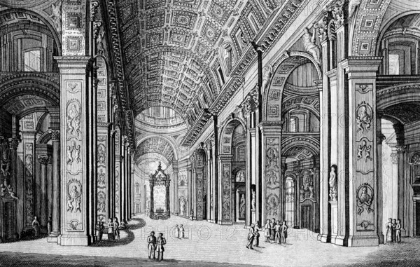 The interior of St. Peter's Church in the Vatican, Pope, Catholic religion, columns, portraits, ornaments, people, arch, building, architecture, history, steel engraving, historical illustration 1835