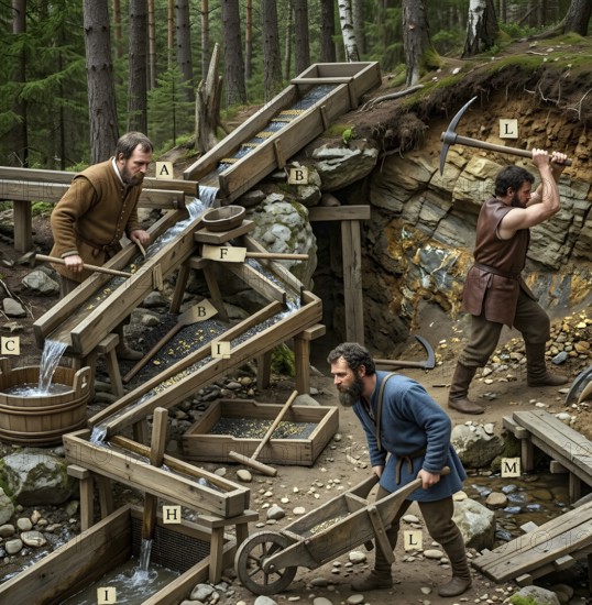 Mining and metallurgy technology, historical illustration, digitally processed, mining, miners, ore mining, mining, economy, extraction, deposit, mineral resources