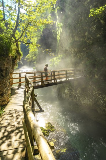 Tourists enjoying summer day at vintgar gorge near bled, walking on wooden pathway above turquoise water of radovna river, surrounded by lush green forest