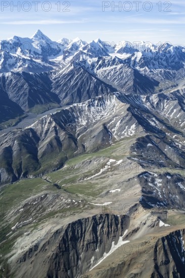 Snow and ice, epic mountains with glaciers, aerial view, Alaska Range, Denali National Park, Alaska, USA