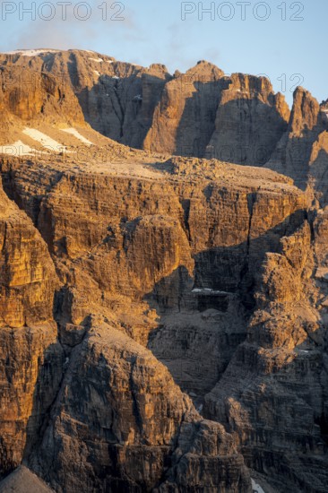 Detail, rocks and mountain peaks of the Brenta Mountains, evening mood with alpine glow, Brenta, Brenta-Adamello Natural Park, Trentino, Italy