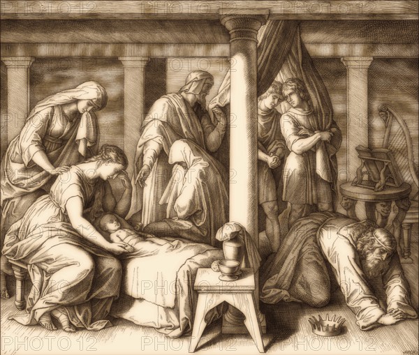 The death of Bathsheba's first child with David, Old Testament, by Julius Schnorr von Carolsfeld