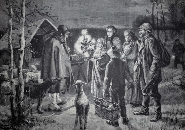 Christmas scene in the Rauhen Alb, Swabian Jura, the family bringing a small Christmas tree and food to the single shepherd, 1890, Germany, illustration, reproduction from a 19th-century model. Authentic, file restored for optimal use, exact date of submission unknown, Historical, a family meets with a traveler while dogs stand watching nearby
