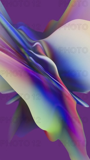 This image features a vivid 3D extrusion with a holographic effect, seamlessly blending a multitude of vibrant colors on a deep purple background