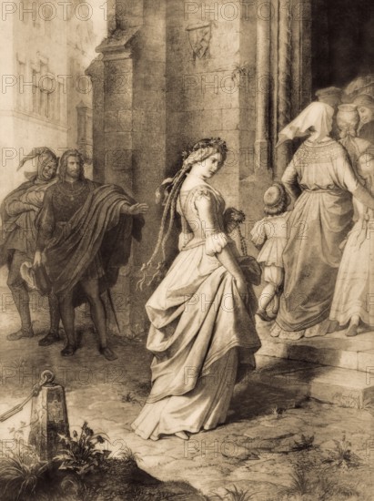 Gretchen, Faust and Mephistopheles, first part of the tragic play Faust by Johann Wolfgang von Goethe, after Wilhelm von Kaulbach