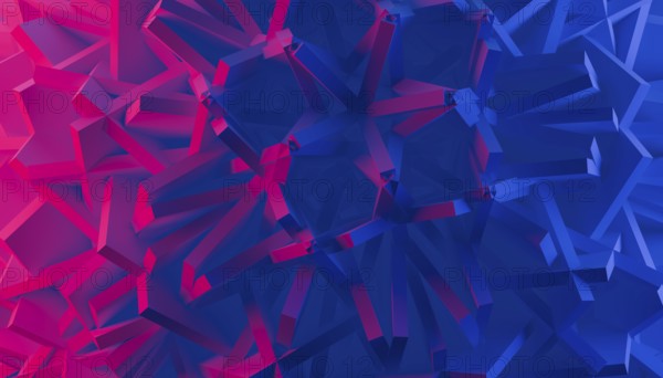 This image features a 3D rendered abstract background with an intricate arrangement of geometric shapes in varying shades of blue and red. The dynamic layout creates a visually striking effect