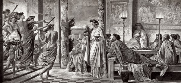 The Symposium or drinking party at the house of the tragedian Agathon in Athens, by Plato