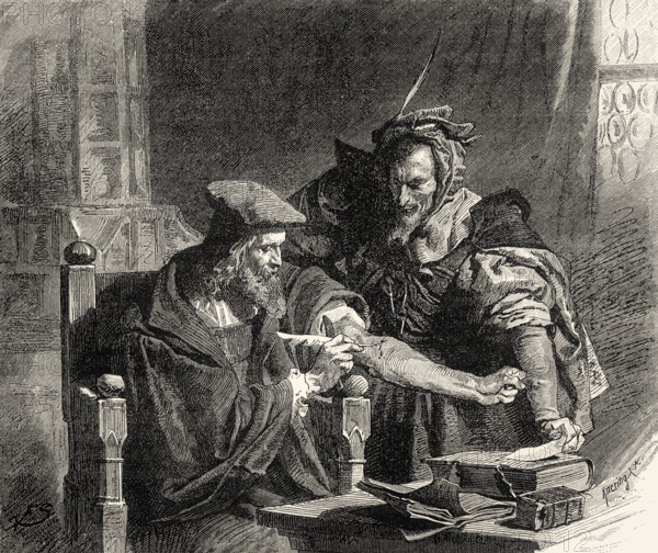 Faust signs the contract with his blood, first part of the tragic play Faust by Johann Wolfgang von Goethe