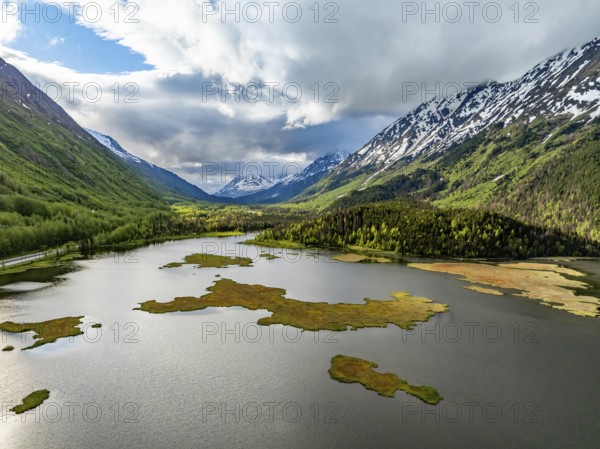 Lake Tern Lake and mountain landscape, aerial view, Moose Pass, Kenai Peninsula, Alaska, USA