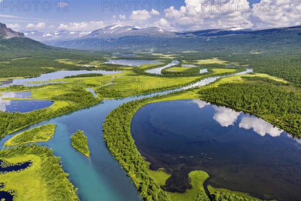 Aerial view of river Vistasjohka, branching river arms, turquoise colored river, Vistasvagge valley, Nikkaluokta, Norrland, Sweden