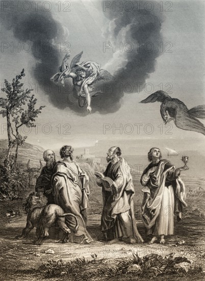 Evangelist portraits with their symbols, 1853, Steel engraving digitally restored