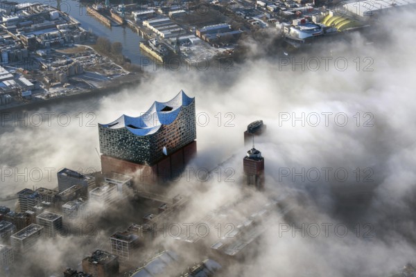 Elbe Philharmonic Hall, Seenebel, Elbe, Hafencity, aerial view