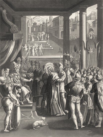 Jesus at Herod's court, New Testament, steel engraving 1853, digitally restored