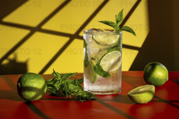 A refreshing classic mojito with lime and mint is set against a vibrant yellow and yellow backdrop. The cocktail features fresh lime slices and mint, placed on a smooth red surface