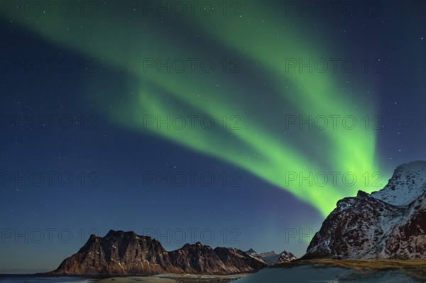 Aurora borealis in green colors over mountain range and coastline at night, Lofoten, Norway