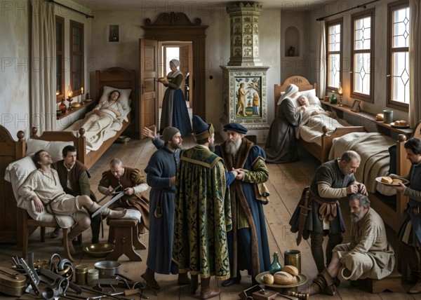 A hospital, bedside experience according to Paracelsus, historical illustration, digitally edited, illness, health, sick, doctor, middle ages, health care, historical figure, science, research, pharmaceuticals, natural science
