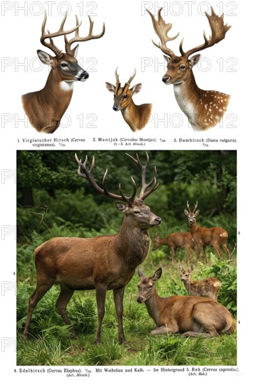 Display board deer, deer (Cervus), fallow deer (Dama dama), fallow deer, animal world, animal kingdom, fauna, wild animal, historical illustration, digitally processed