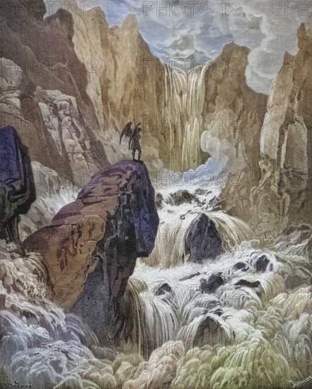 Illustration by Gustave Dore (1832-1883) for Paradise Lost, The Paradise Lost, published in 1667, is an epic poem in blank verse by the English poet John Milton, Inferno, Hell, Paradise, Angel, Damnation, Historical, digitally restored reproduction from a 19th century original, Record date not stated