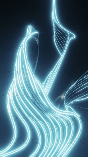 This illustration features glowing neon blue lines that form an abstract, fluid design against a dark background, evoking a futuristic and dynamic feel