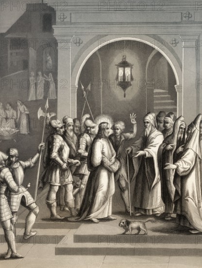 Jesus before Annas, Peter denies Christ, New Testament, steel engraving 1853, digitally restored