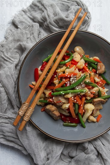 Wok, Asian-style vegetables, street food, mixed vegetables, no people, top view