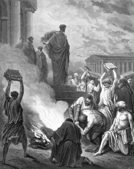 Paul to Ephesus, overcoming religious charlatans, liberation from magical ties, Acts chapter 19, verse 19, message of God, power, dissemination, magic books, magic, fire, burning, 5000 pieces of silver, value, valuable books, temples, steps, Jews, gentiles, Christian religion, Bible, New Testament, steel engraving Doré, historical illustration 1885