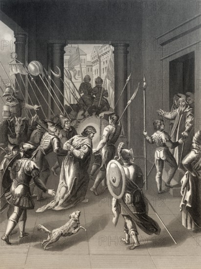 Jesus Taken to Annas, New Testament, steel engraving 1853, digitally restored