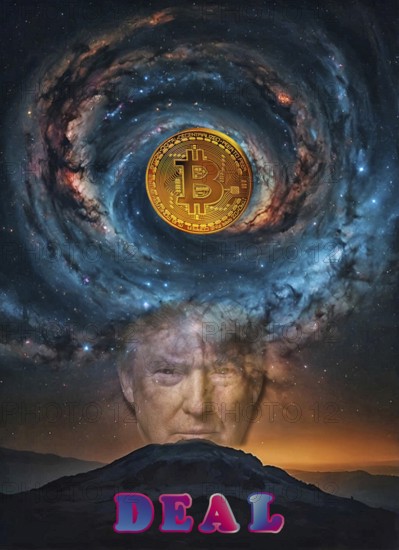 Symbolic image, Trump-Bitcoin, questionable speculative profits for himself, morality as president, stock market prices, insecure digital currency, resources, energy, industry, economy critical, stock market hype, stock market crash, payment, insolvency, wrong decisions, maximum profit, profit slump, share prices, Germany as a business location, global economy, globalisation, environmental protection, mafia, Trump government, Bitcoin rally, cryptocurrency, electronic wallet, crypto reserve, price development, stock market trading