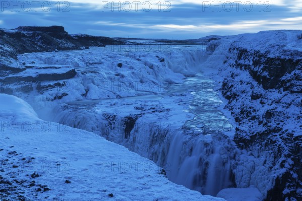 Gullfoss, Hvítá River Waterfall, Blue Hour, Frost, Snow, Winter, Haukadalur, Iceland, Scandinavia