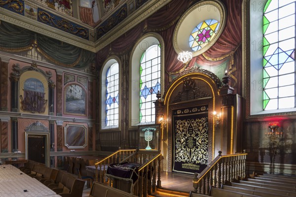 A parochet, curtain in front of the Torah shrine in the interior of the Tsori Gilod Synagogue, Lviv, Ukraine