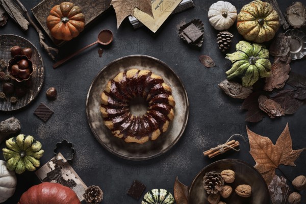 From above tasty appetizing pumpkin cake with chocolate cream on table decorated with autumn vegetables
