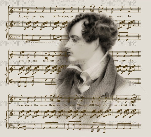 Portrait of George Gordon Noel Byron, his poem Lochnagar set to music by Henry Rowley Bishop