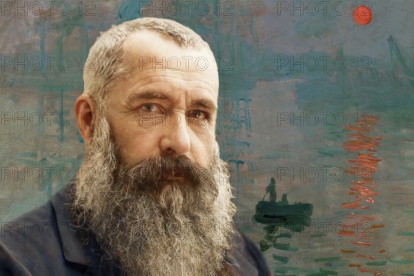 Portrait of Claude Monet, 1840 – 1926, French painter and founder of Impressionism, with his painting Impression, Soleil levant or Impression, Sunrise, 1872, in the backgroud, digitally optimized based on a photograph by Nadar, subsequently colored