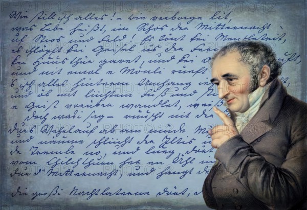 Handwritten manuscript and portait of Johann Peter Hebel, 1760 - 1826, German poet, Protestant theologian and educator, Alemannic dialect poet, digitally optimized based on a painting by Carl Joseph Alois Agricola, 1814