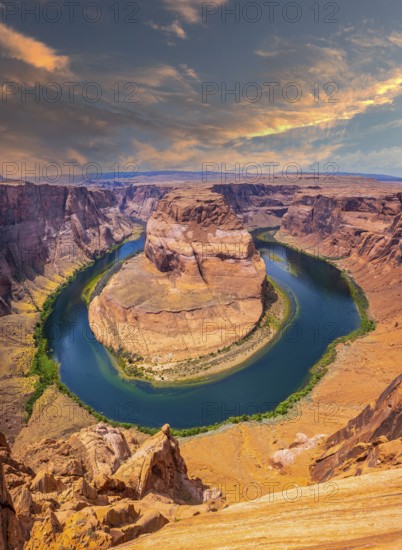Sunset on Horseshoe Bend and the Colorado River in the background, Arizona. United States