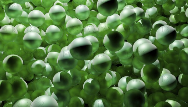 A captivating arrangement of green spheres, creating an abstract pattern with depth and movement. The glossy surface reflects light, adding a dynamic visual effect