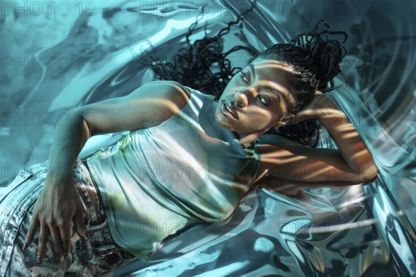 A futuristic African young woman immersed in a metaverse scene, surrounded by vibrant, reflective blue light and digital textures, evoking a sense of innovation and technology