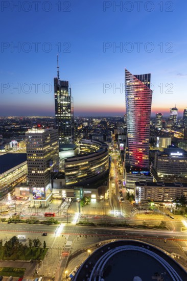 Skyline skyscrapers in the city centre at night in Warsaw, Poland