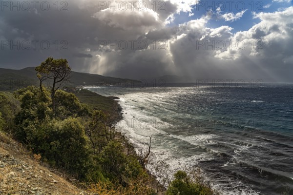 A thunderstorm is coming on the west coast of Cap Corse, Corsica, France
